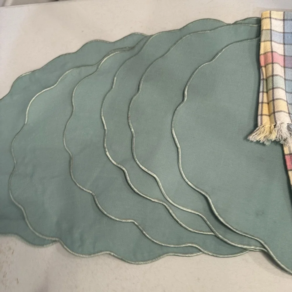Vintage Placemats Scalloped Teal Blue Green Cottage Granny Set‎ of 6 & 2 Napkins